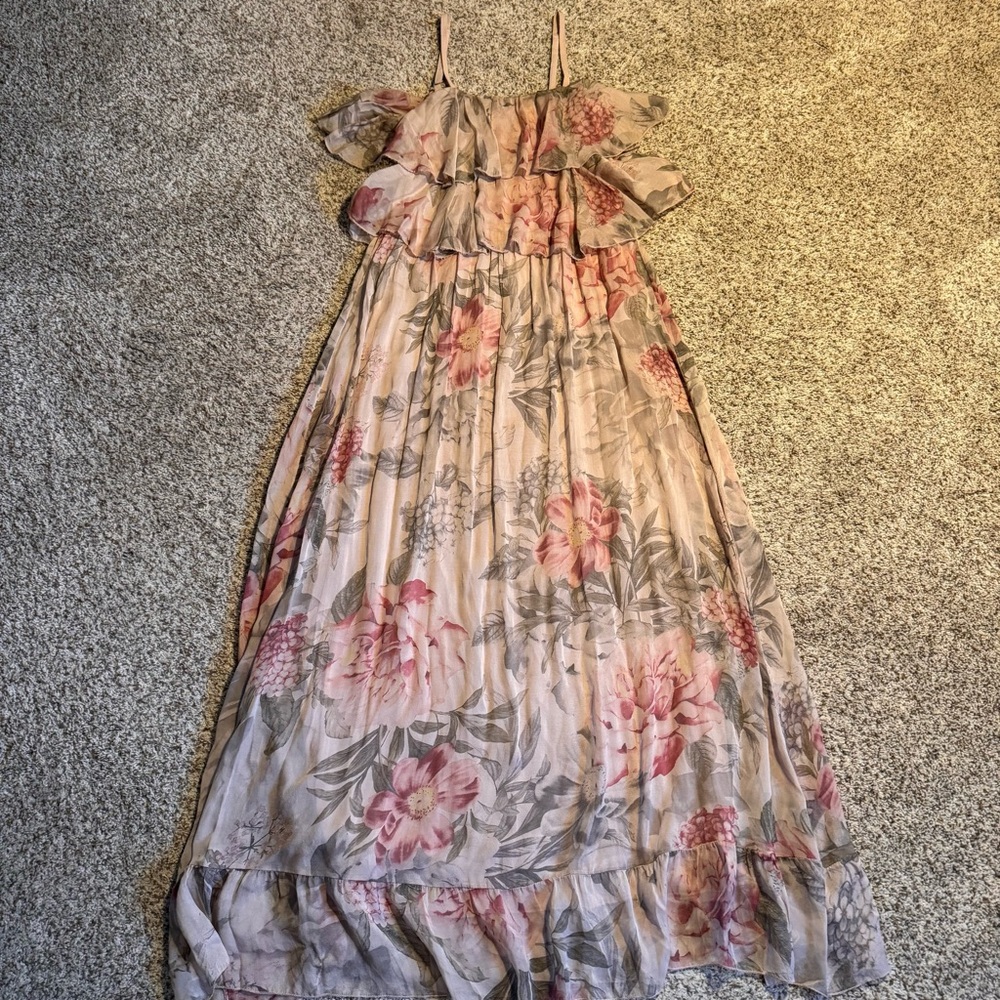 Baci Silk Antique Pink Floral Maxi Dress - L